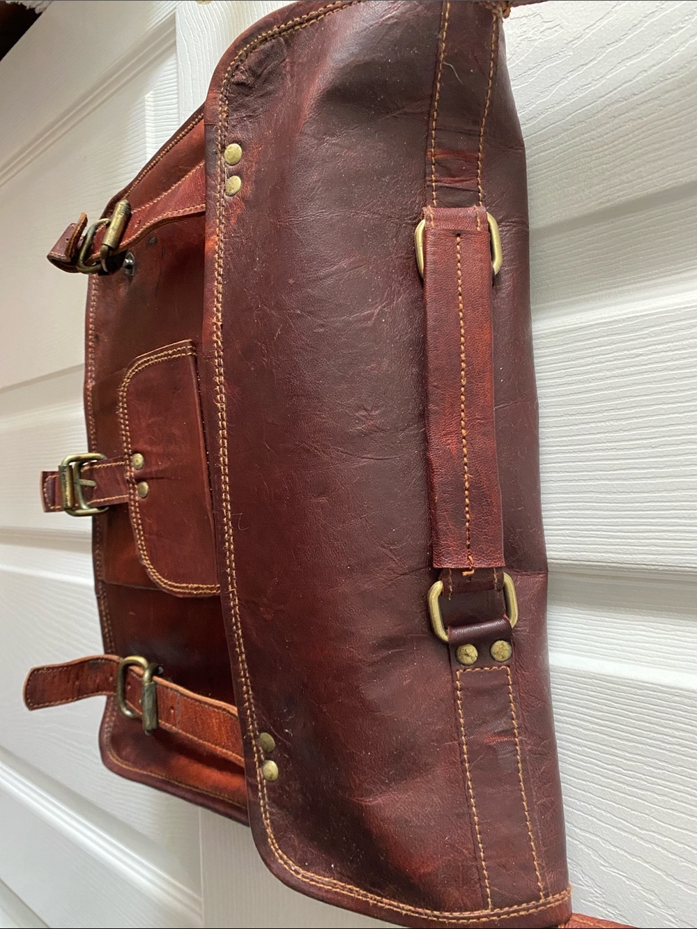Vintage Brown Leather Messenger Bag with Brass Hardware - Picture 5 of 13
